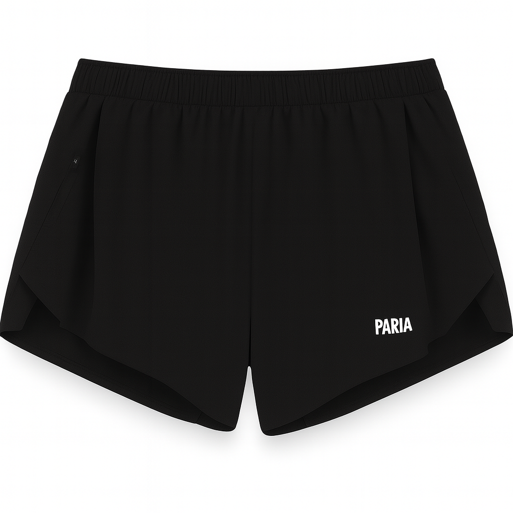 Black shorts with 'PARIA' branding on a white background