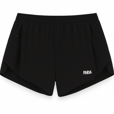 Black shorts with 'PARIA' branding on a white background