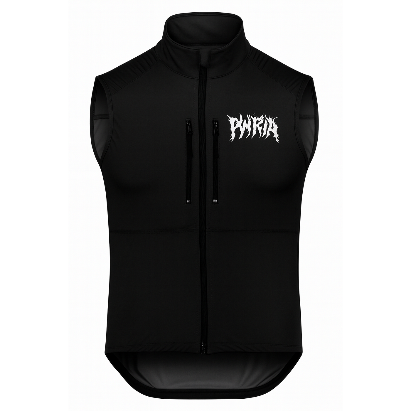 Black vest with a white logo on a white background