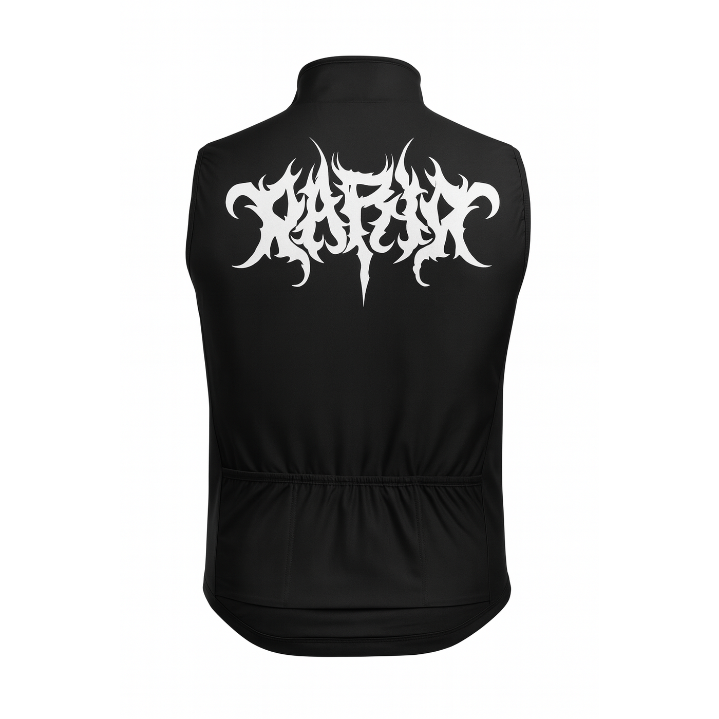 Black sleeveless jacket with white text design on a white background