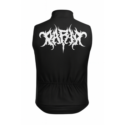 Black sleeveless jacket with white text design on a white background
