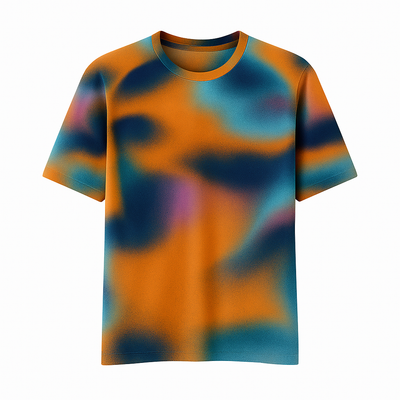 T-shirt with a colorful abstract pattern on a white background
