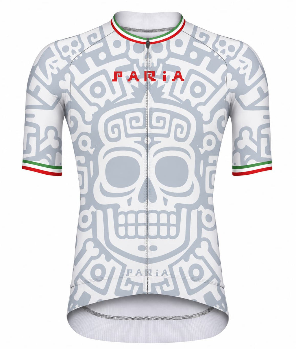 White Mexico-inspired cycling jersey with Aztec style graphics by PARIA
