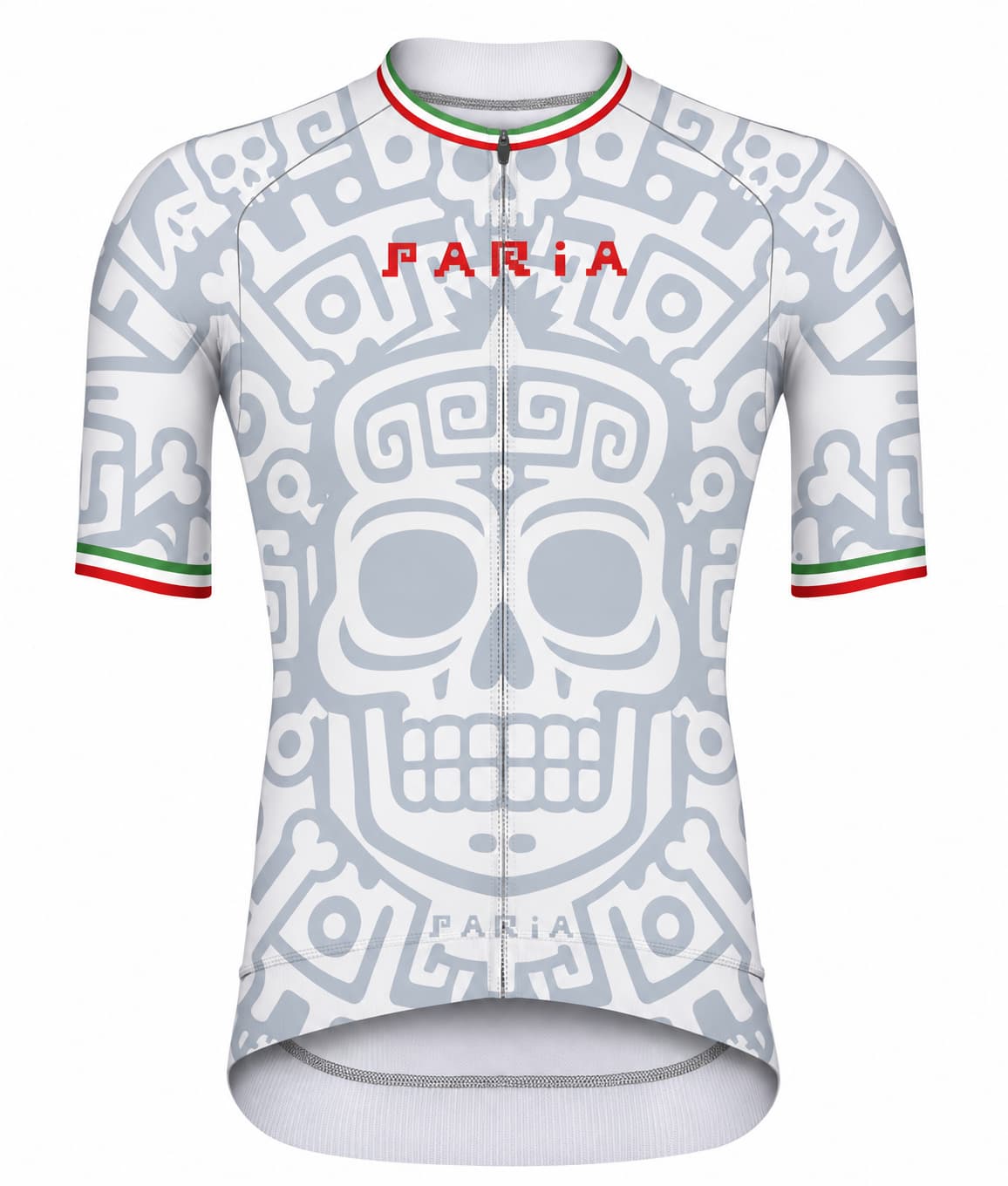 White Mexico-inspired cycling jersey with Aztec style graphics by PARIA