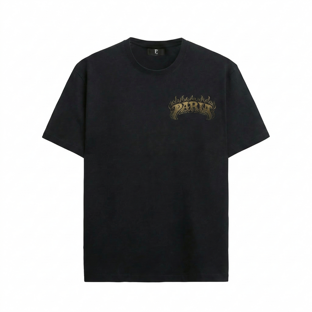 PARIA streetwear black death metal t-shirt front view with small gold flame logo.