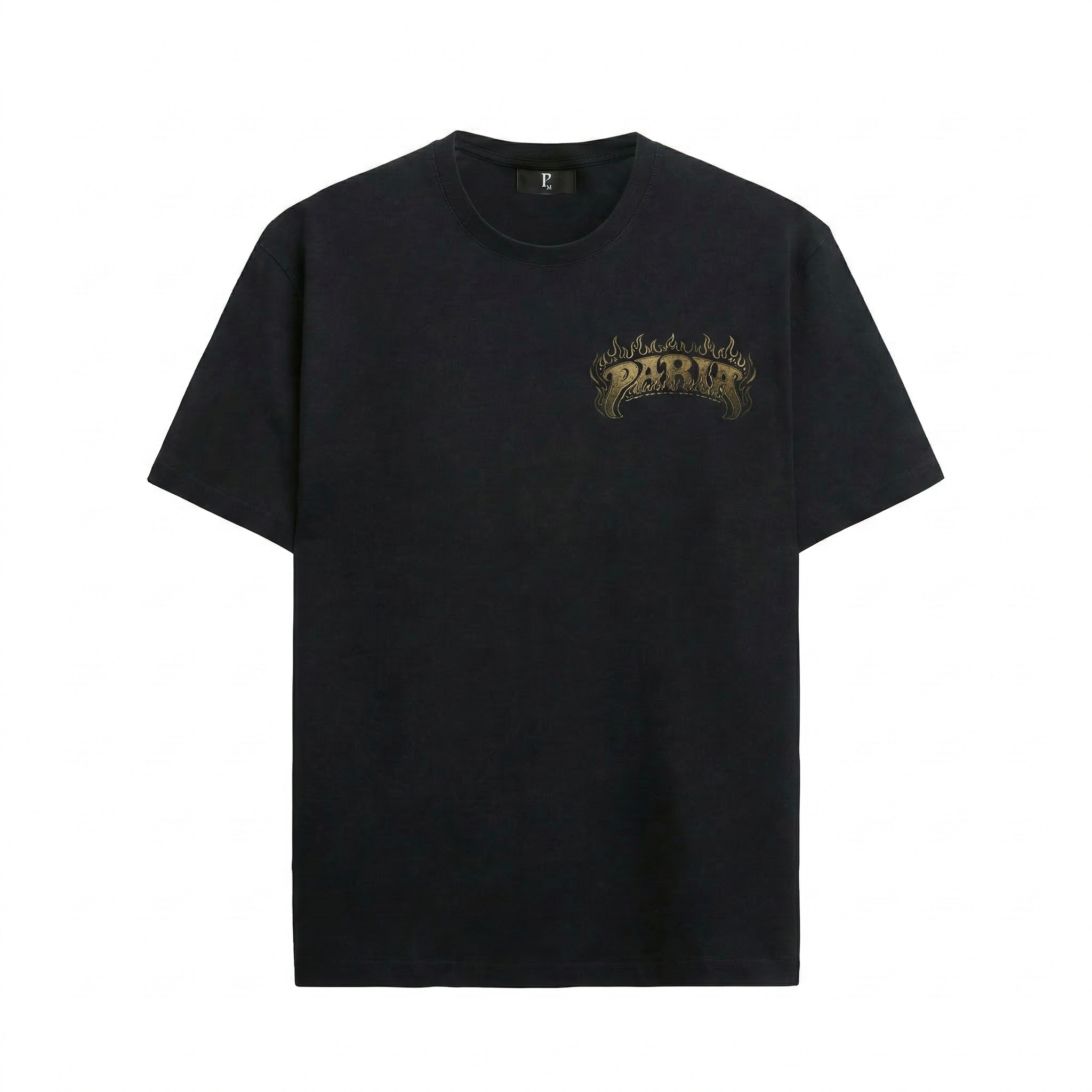 PARIA streetwear black death metal t-shirt front view with small gold flame logo.