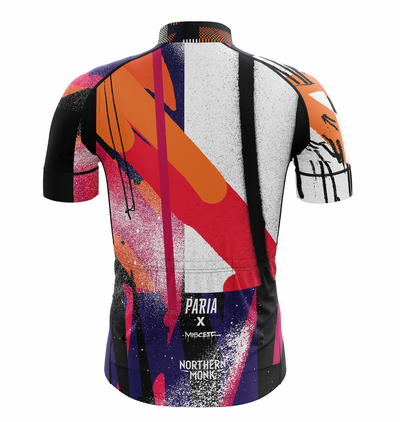 Back of the Northern Monk x PARIA short sleeve cycling jersey with three rear pockets and graffiti-inspired all-over print design