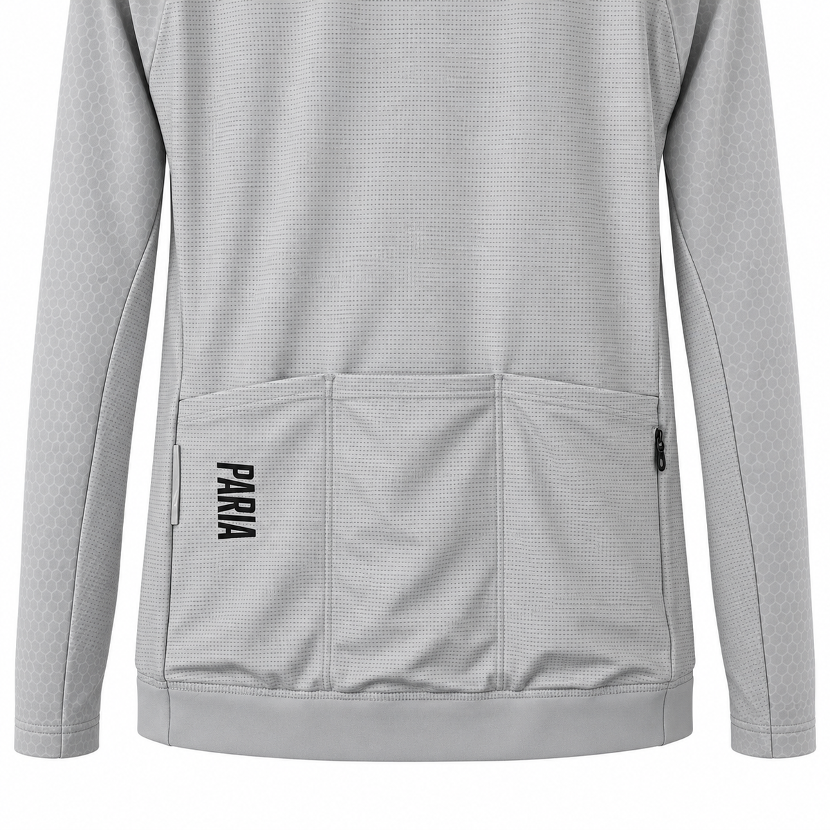 A light gray long-sleeve athletic jacket with a textured waffle fabric, featuring a large front utility pocket with the brand name 'PARIA' printed vertically in black on the lower left pocket.