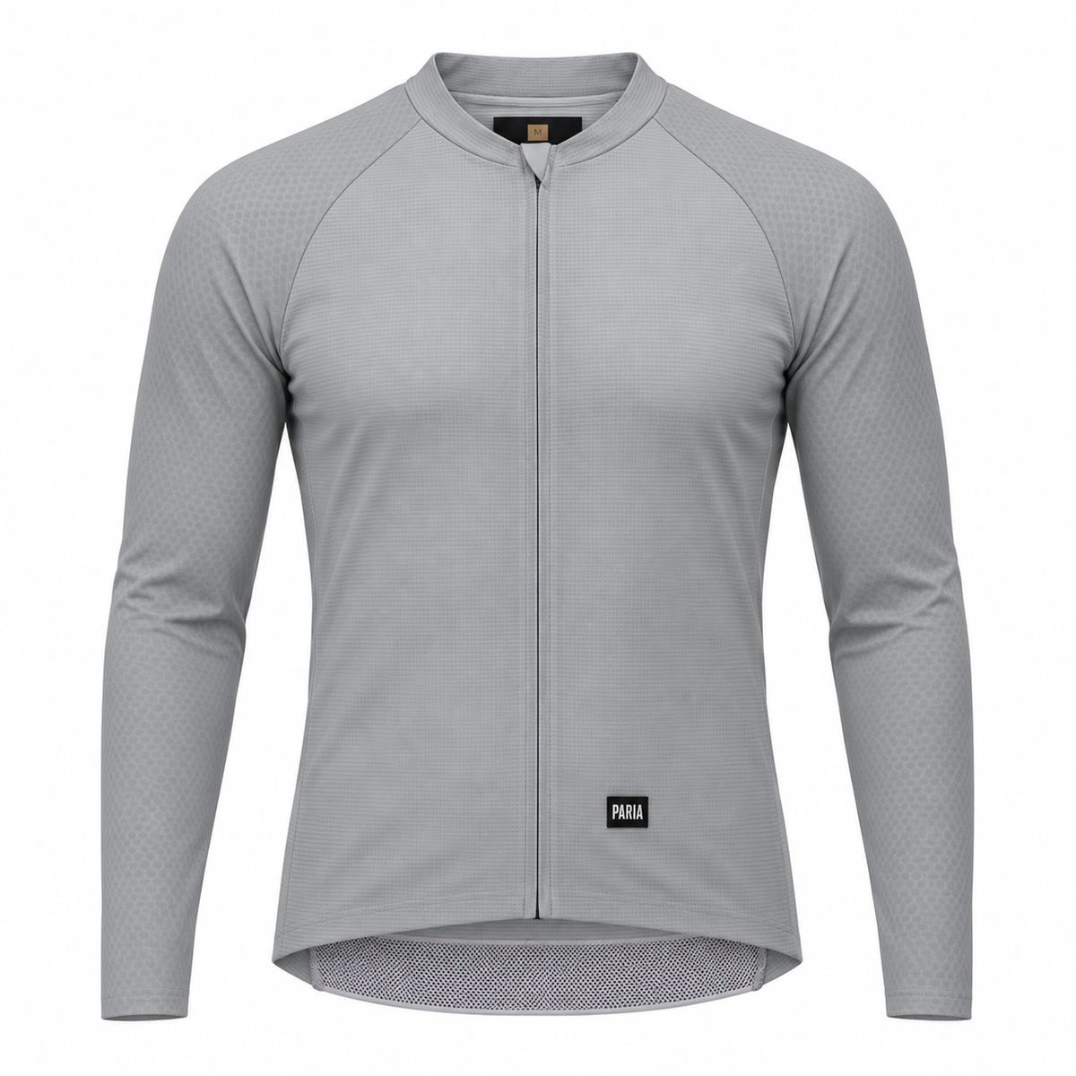 A light gray long-sleeve cycling jersey with a full-length front zipper, raglan sleeves, and a subtle textured pattern, shown on a plain white background.