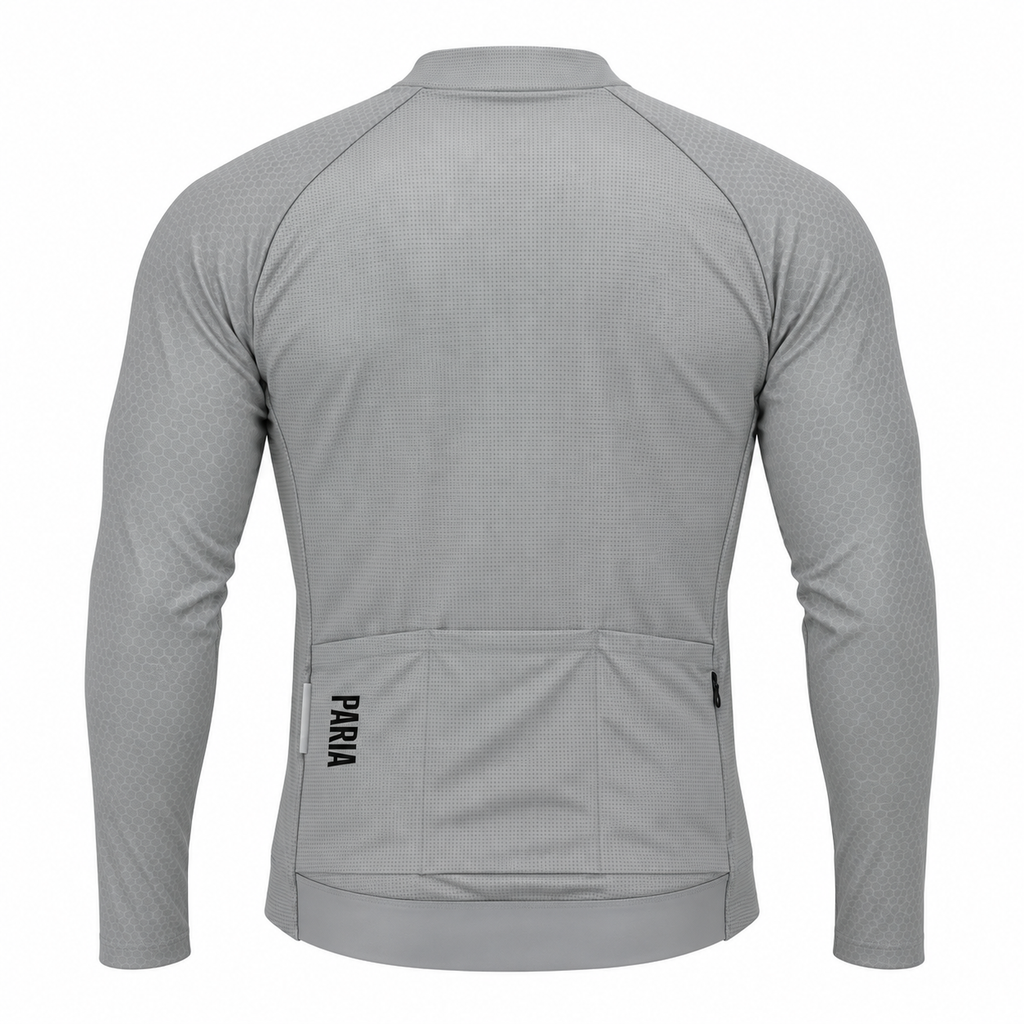 A light grey long-sleeve cycling jersey shown from the back, featuring a subtle textured pattern, a high collar, and a rear pocket with the brand name 'PARIA' printed vertically in black.