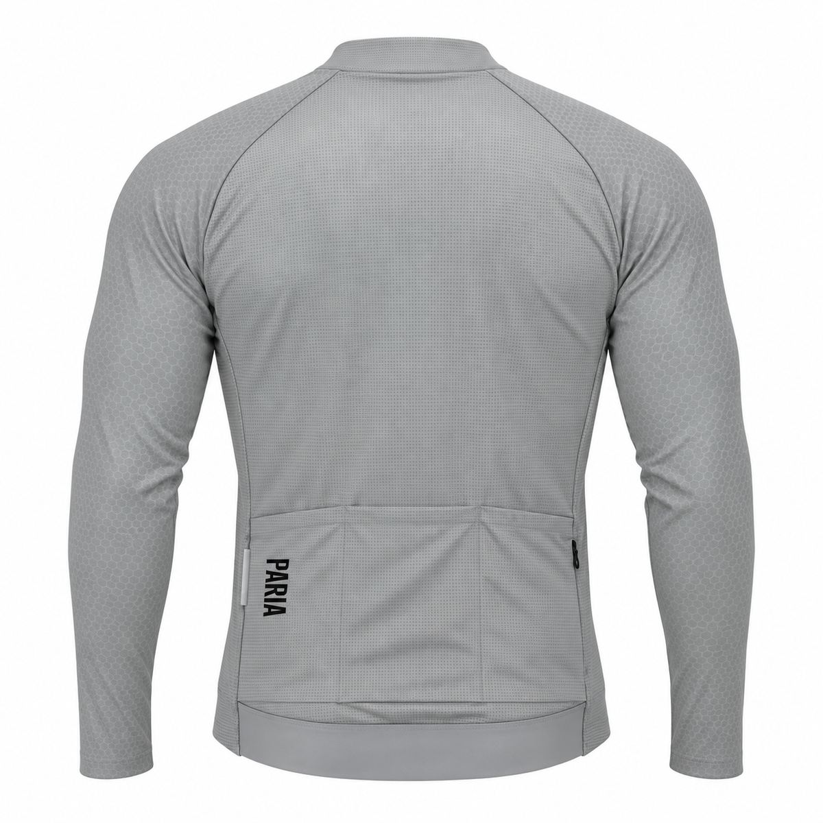 A light grey long-sleeve cycling jersey shown from the back, featuring a subtle textured pattern, a high collar, and a rear pocket with the brand name 'PARIA' printed vertically in black.