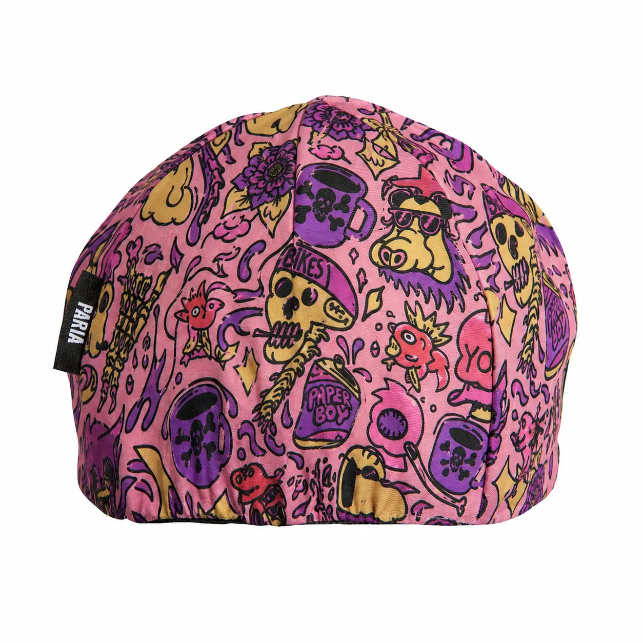 Colorful beanie with cartoonish designs on a pink background