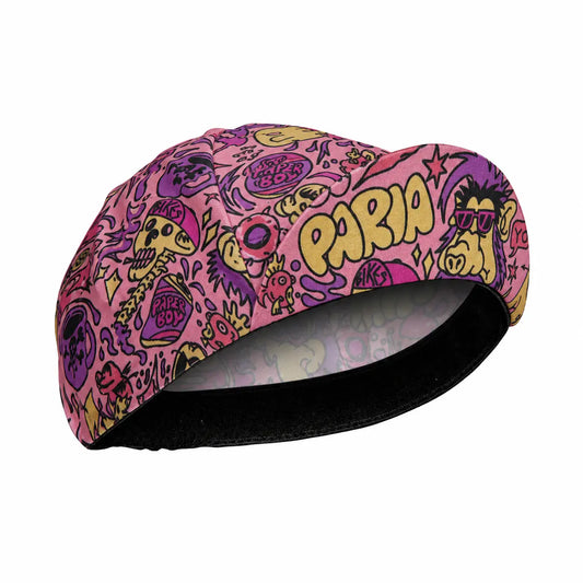 Colorful bicycle helmet with cartoon designs and 'Parra' branding on a white background