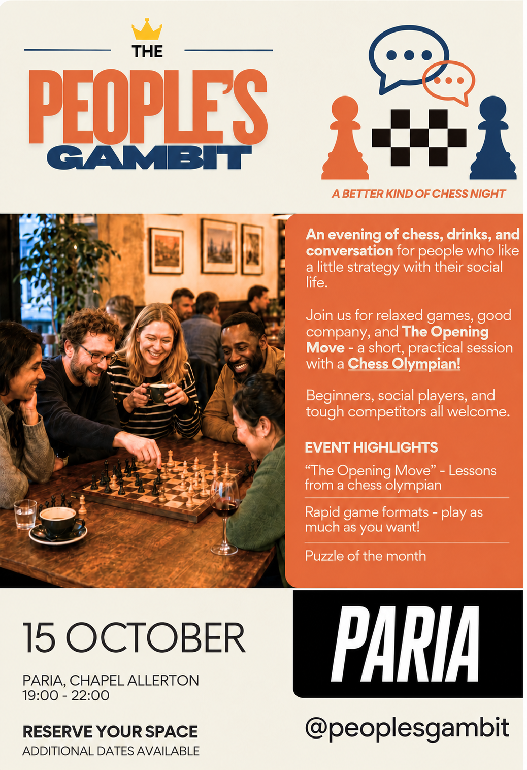 Poster advertising chess event at PARIA coffee shop
