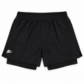 Black athletic shorts with an elastic waistband and a small embroidered logo on the lower left leg, displayed flat against a white background.