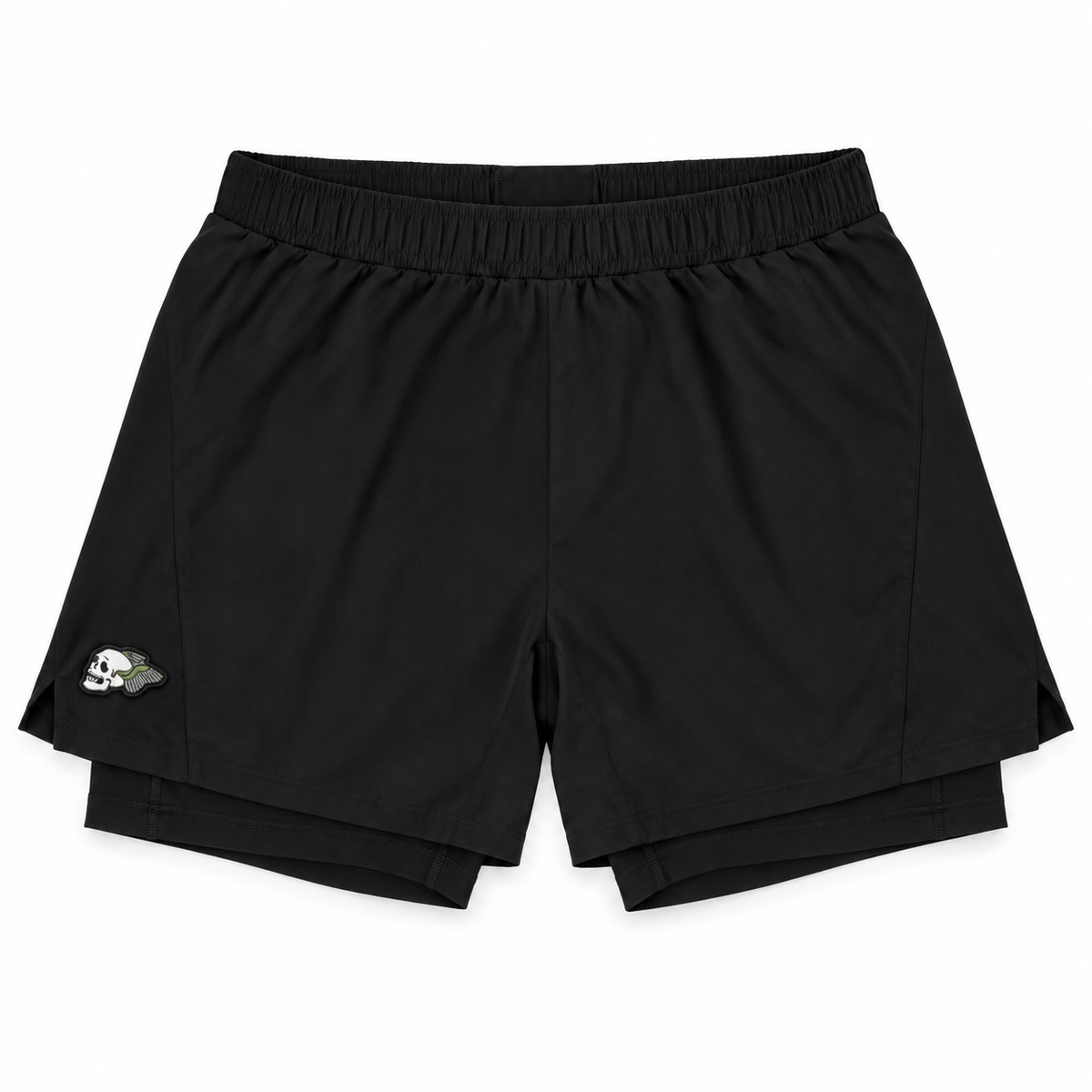 Black athletic shorts with an elastic waistband and a small embroidered logo on the lower left leg, displayed flat against a white background.