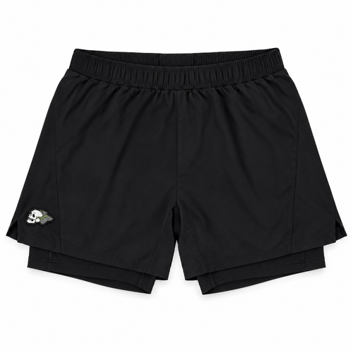 Black athletic shorts with an elastic waistband and a small embroidered logo on the lower left leg, displayed flat against a white background.