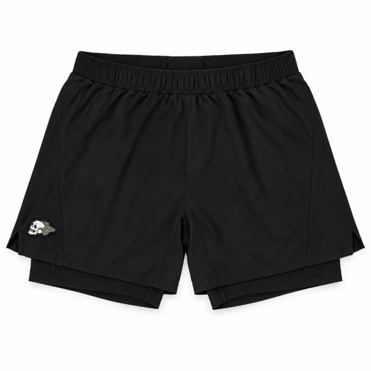 Black athletic shorts with an elastic waistband and a small embroidered logo on the lower left leg, displayed flat against a white background.