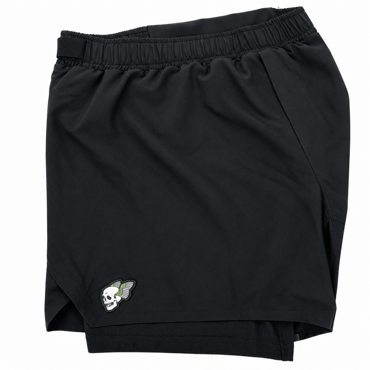 Black athletic shorts with an elastic waistband and a small embroidered mascot logo on the left leg, shown on a plain white background.
