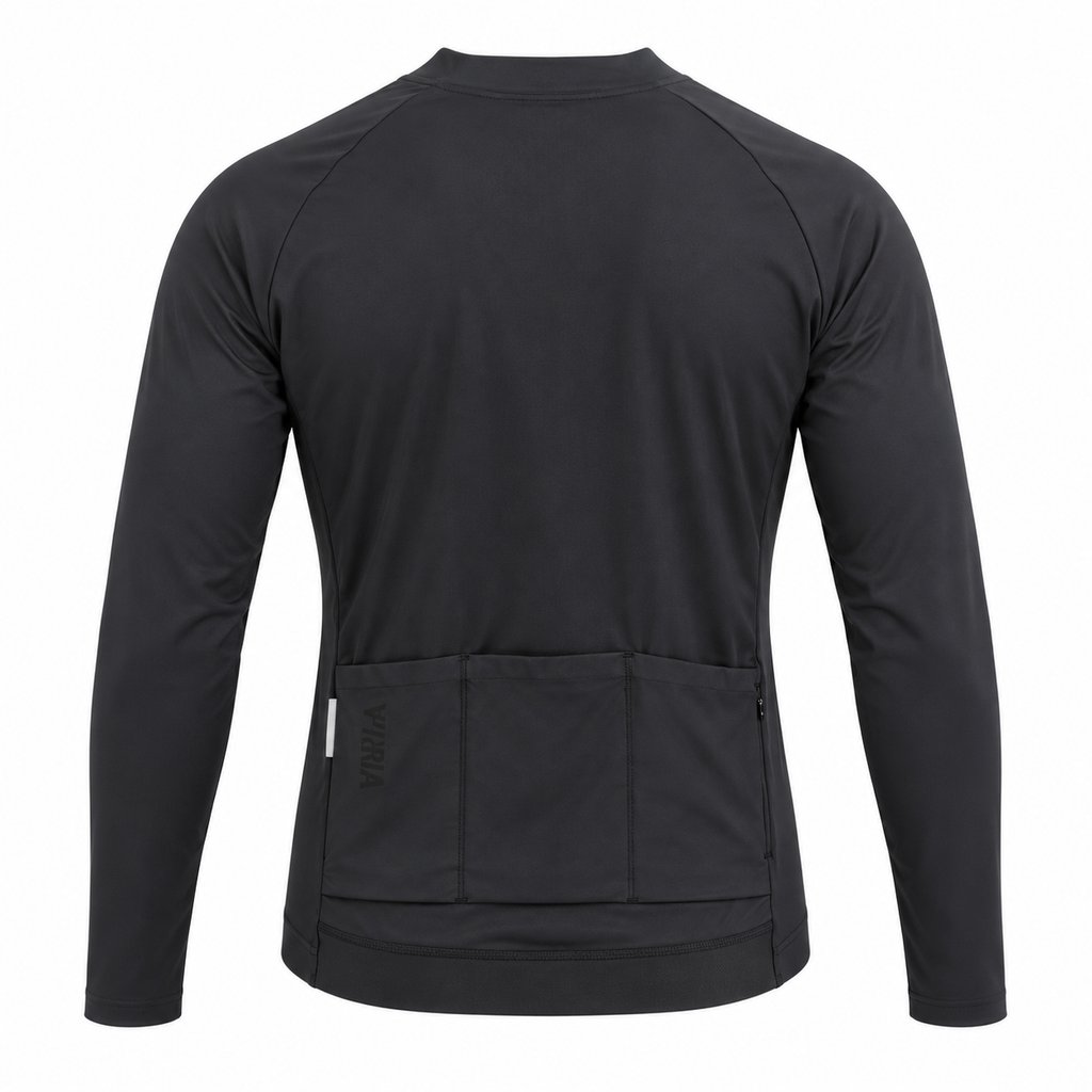 A black long-sleeve cycling jersey shown from the back, featuring a high collar and a large rear cargo pocket with a vertical zipper, on a plain white background.