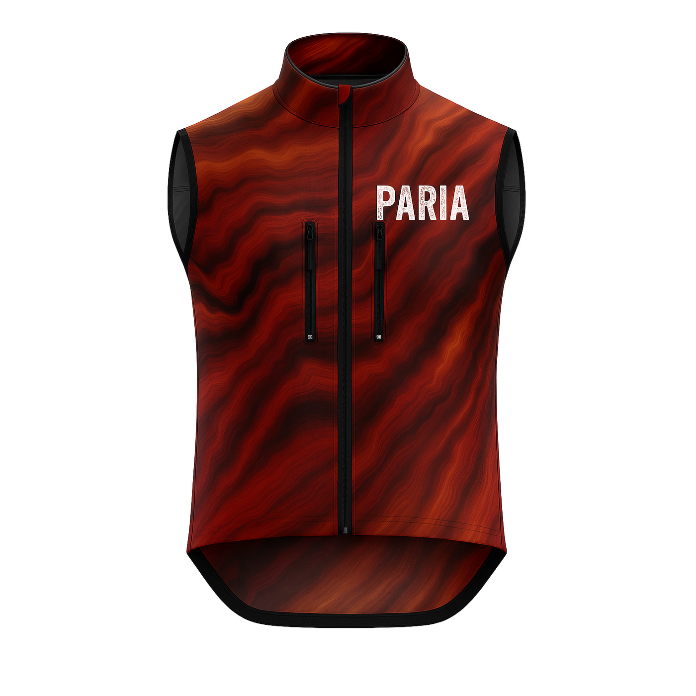Red and black sleeveless jacket with 'PARIA' branding on a white background