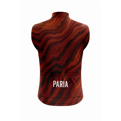 Red and black patterned vest with 'PARIA' branding on a white background