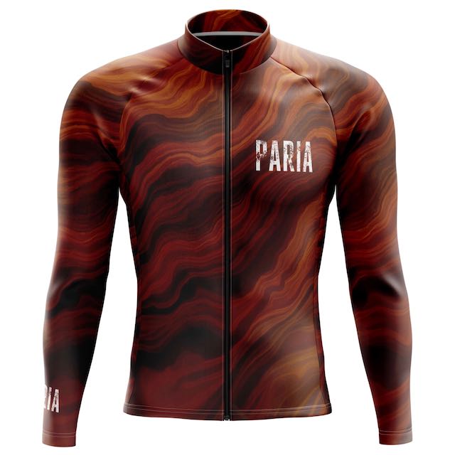 Maroon and black patterned jacket with 'PARIA' branding on a white background. Long sleeve winter cycling jersey in slim fit design with rear pockets and windproof breathable fabric