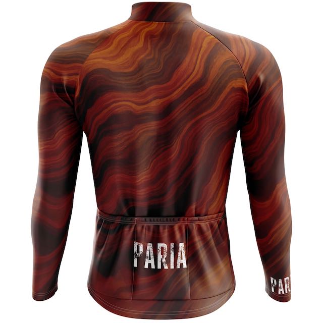 Marbled long-sleeve shirt with 'PARIA' branding on a white background. Long sleeve winter cycling jersey in slim fit design with rear pockets and windproof breathable fabric