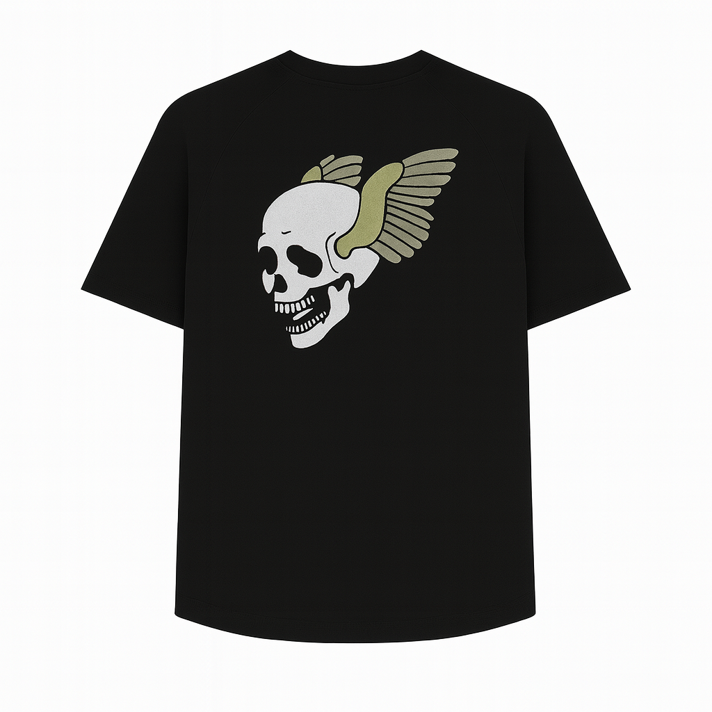 Black t-shirt with a skull and wings graphic on a white background