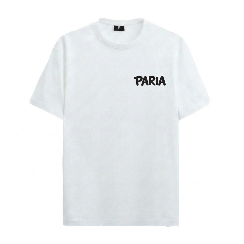 A front-facing view of a white organic cotton t-shirt featuring a small black "PARIA" brand logo on the left breast in a playful, hand-drawn bubble font. The t-shirt has a classic crew neck and a standard relaxed fit, shown against a clean white background.