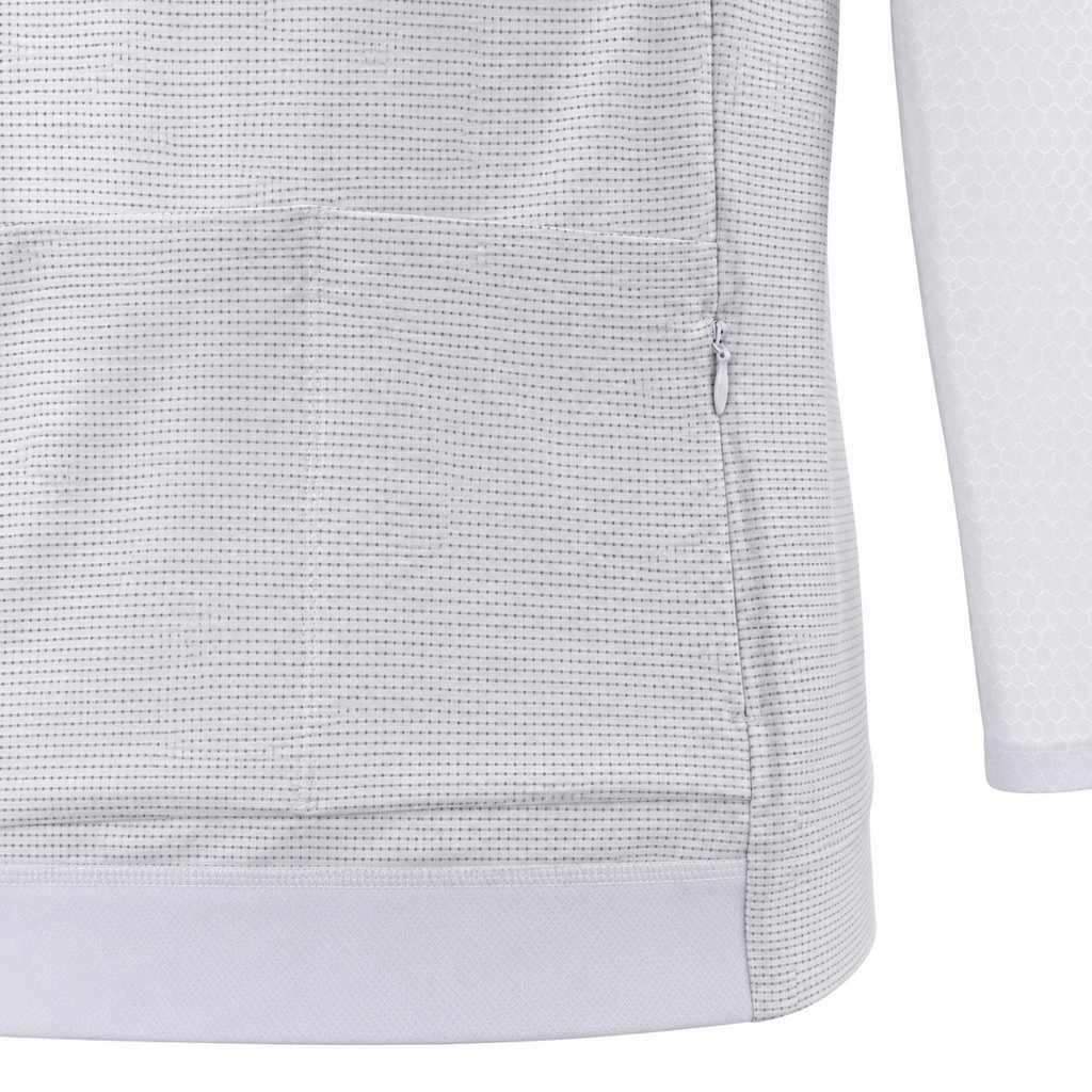 Close-up of a white long-sleeve athletic top showing the textured fabric, side seam, and zipper detail.
