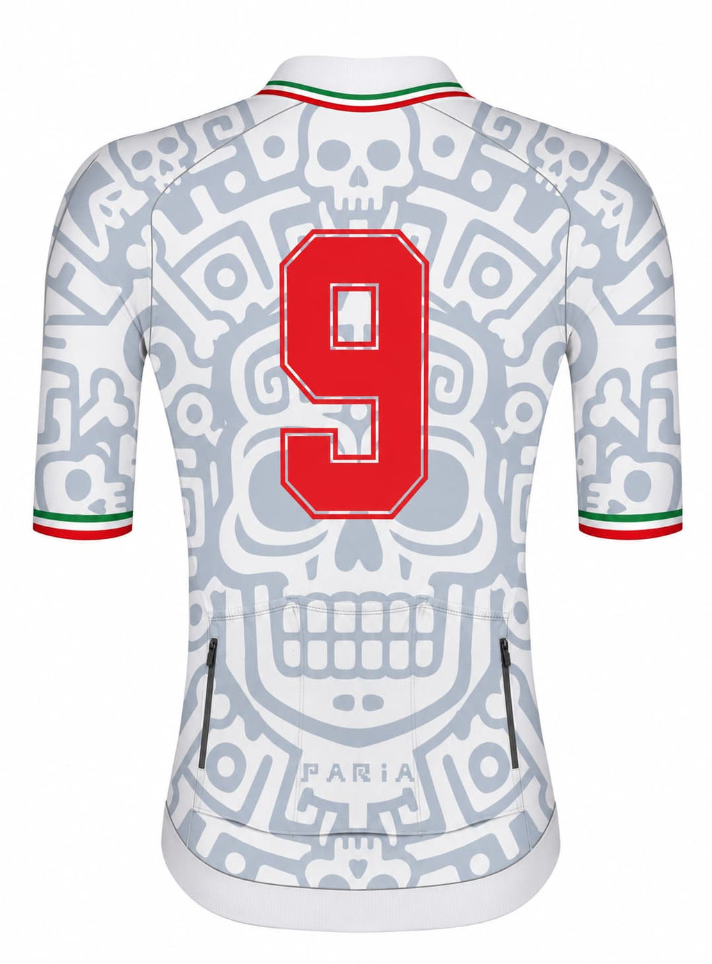 Cycling jersey with skull and number 9 design on a white background