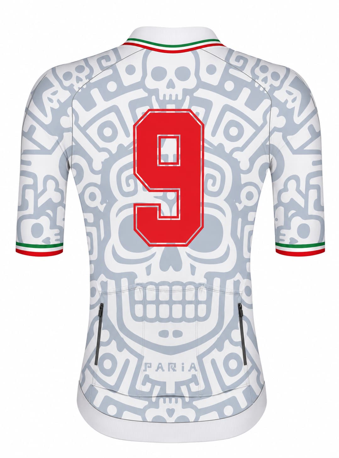 Cycling jersey with skull and number 9 design on a white background
