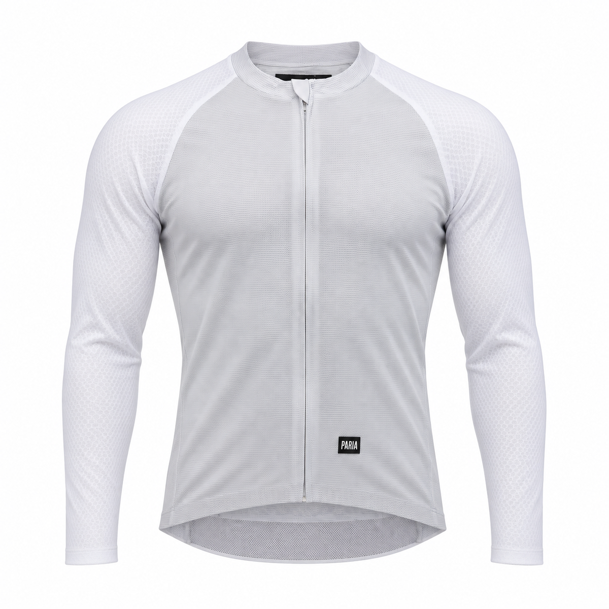 A white long-sleeve cycling jersey with a full-length front zipper, raglan sleeves, and a small black PUMA logo patch near the lower hem, shown on a clean white background.