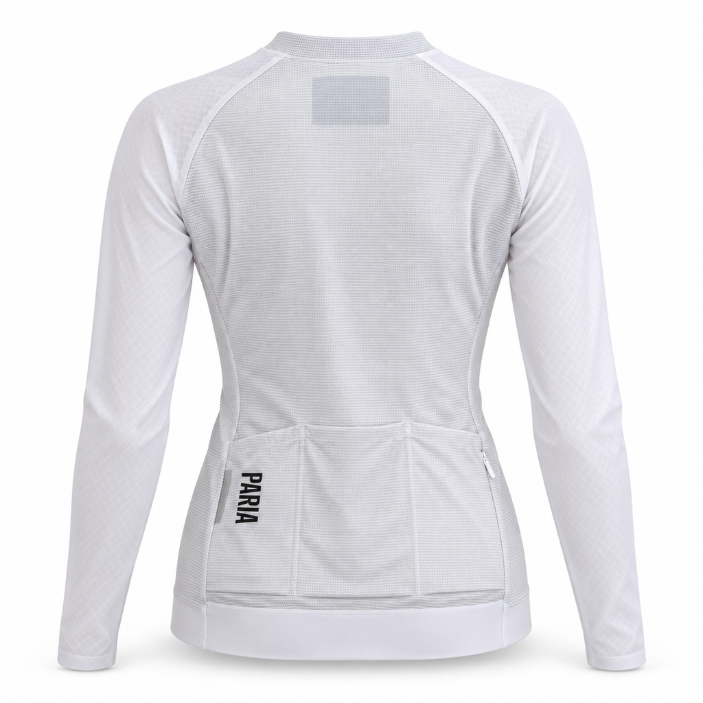 White long-sleeve cycling jersey shown from the back, featuring a textured mesh fabric, a gray reflective patch at the upper back, and a rear cargo pocket with the brand name 'PARA' printed vertically in black.