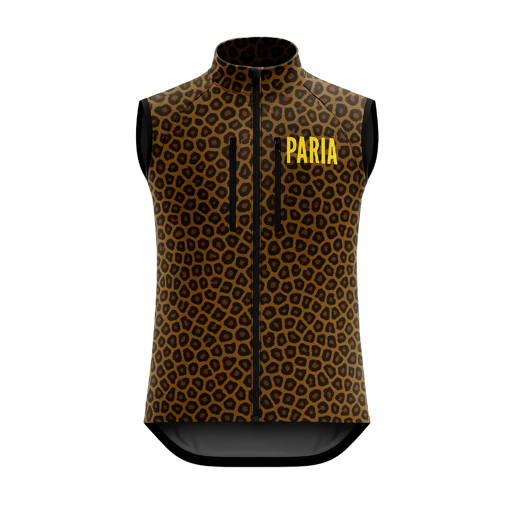 Leopard print vest with 'PARIA' branding on a white background