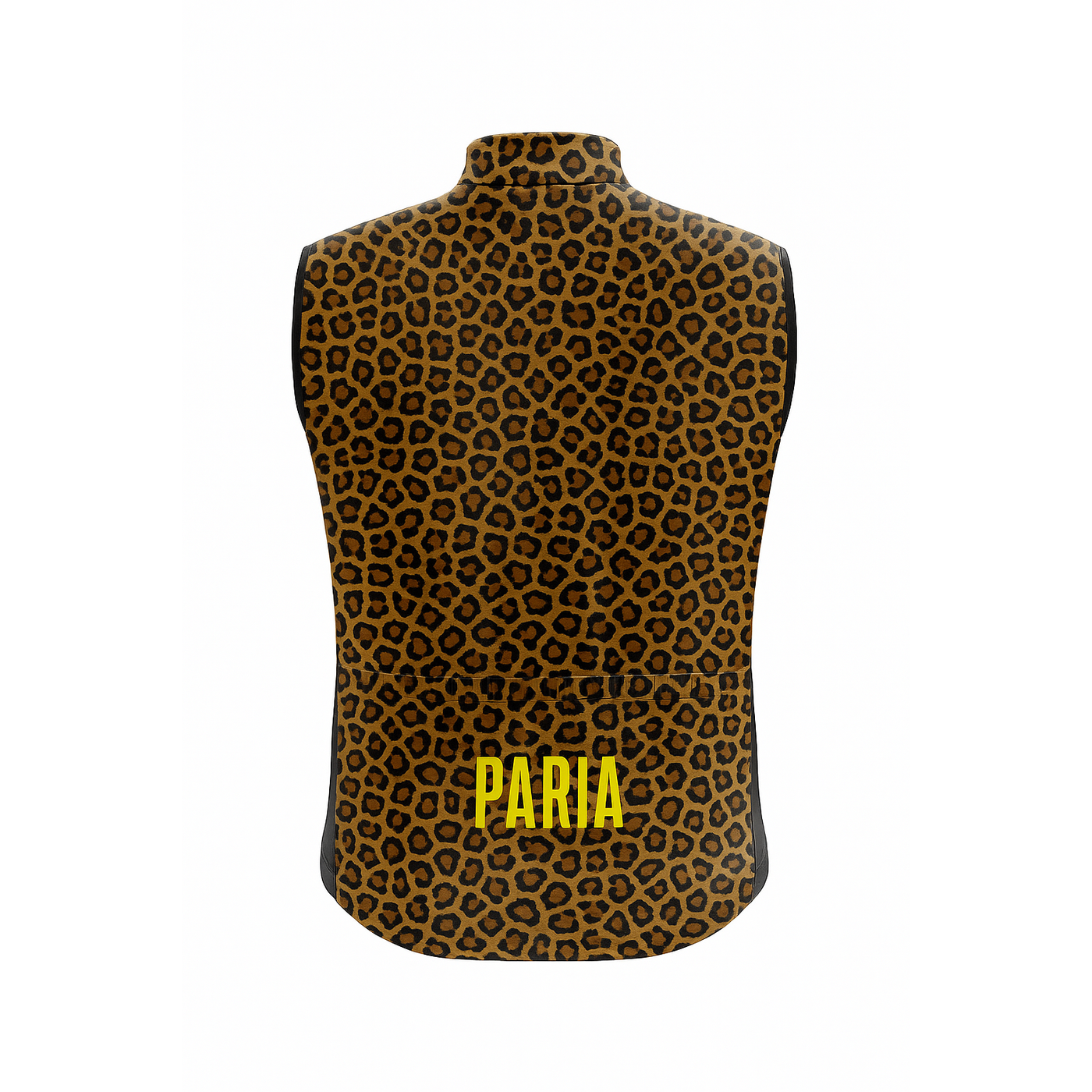 Leopard print vest with 'PARIA' branding on a white background