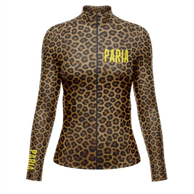 Leopard print long-sleeve top with 'PARIA' branding on a white.background. Long sleeve winter cycling jersey in slim fit design with rear pockets and windproof breathable fabric