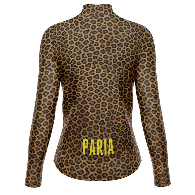 Leopard print long-sleeve top with 'PARIA' branding on a white background. Long sleeve winter cycling jersey in slim fit design with rear pockets and windproof breathable fabric