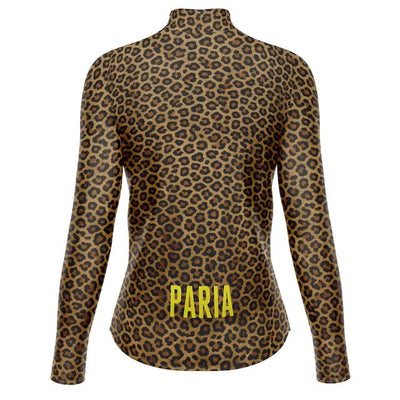 Leopard print long-sleeve top with 'PARIA' branding on a white background. Long sleeve winter cycling jersey in slim fit design with rear pockets and windproof breathable fabric