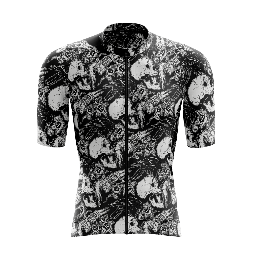 [design:Disaster] Front view. A short sleeve cycling jersey featuring an illustrated design in black and white colors.