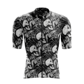 [design:Disaster] Front view. A short sleeve cycling jersey featuring an illustrated design in black and white colors.