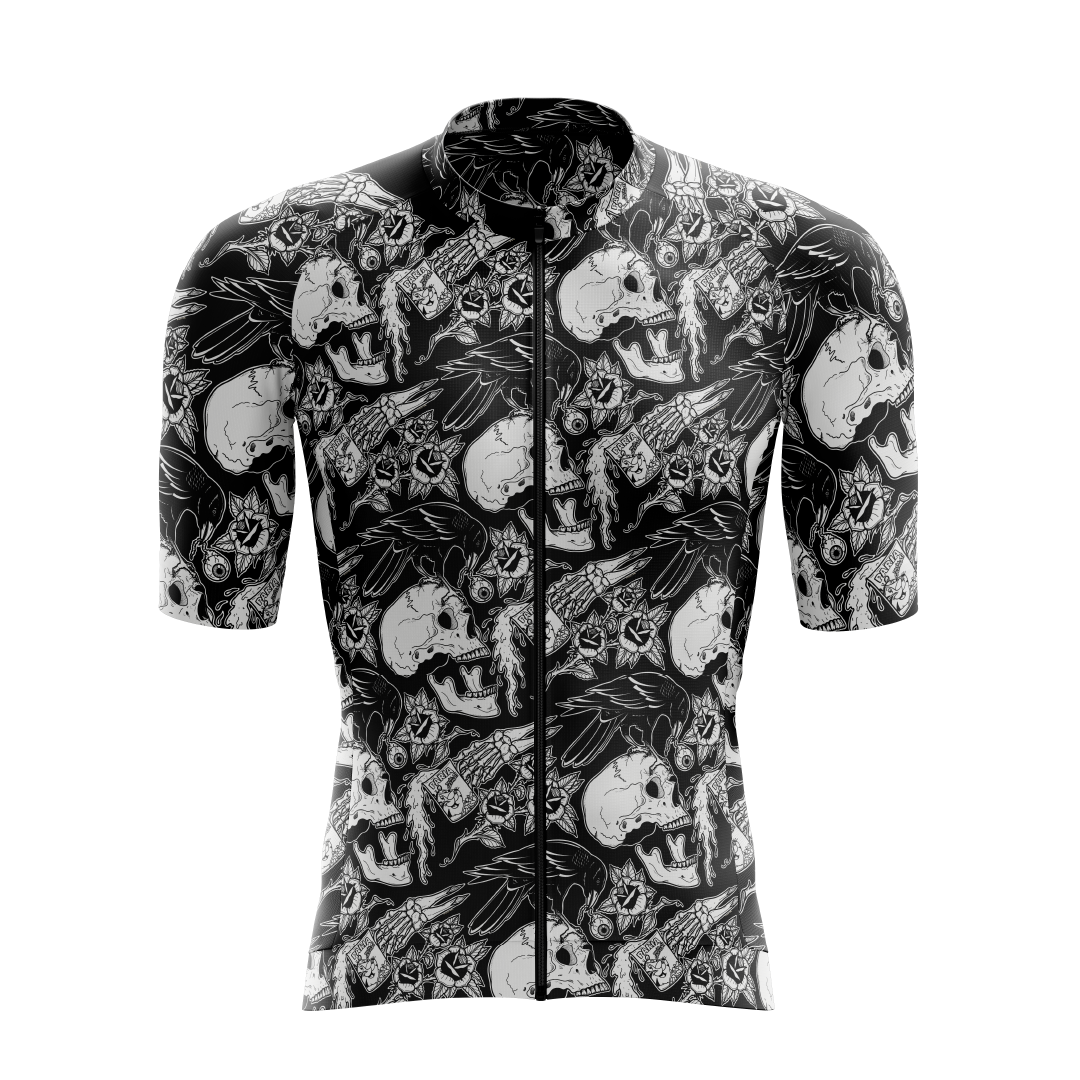 [design:Disaster] Front view. A short sleeve cycling jersey featuring an illustrated design in black and white colors.