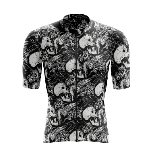 [design:Disaster] Front view. A short sleeve cycling jersey featuring an illustrated design in black and white colors.
