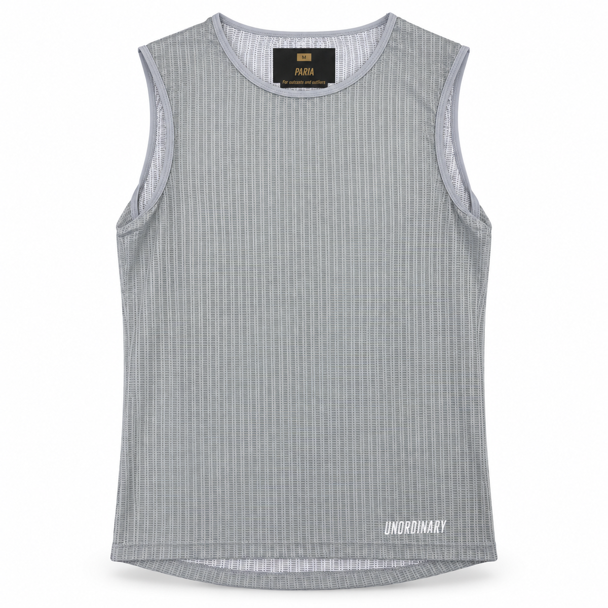 A sleeveless ribbed knit tank top in light gray with a small white 'UNORDINARY' logo printed near the bottom right hem, shown against a plain white background.