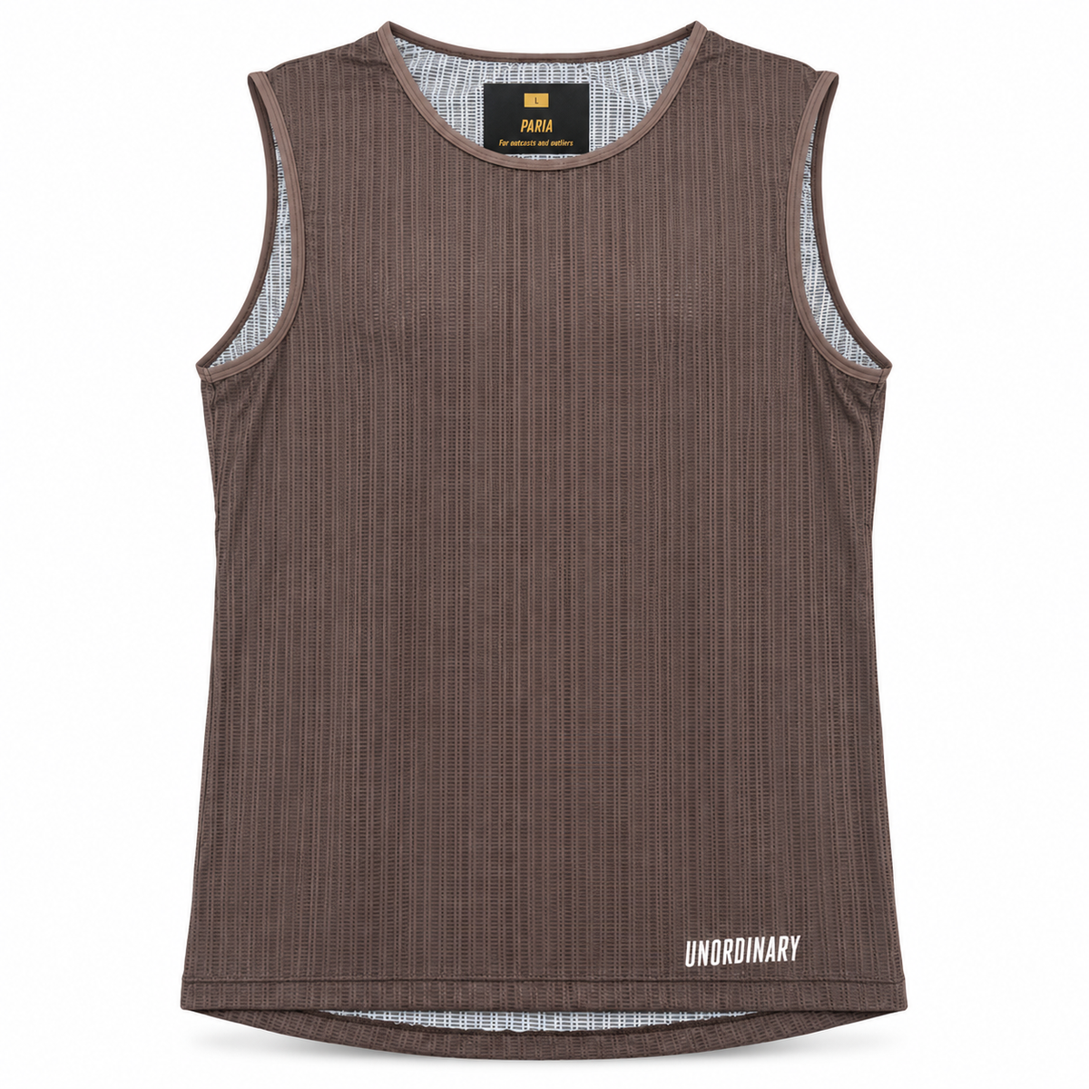 A sleeveless ribbed tank top in dark brown, featuring a white 'UNORDINARY' logo on the bottom right hem and a black neck label with yellow branding.