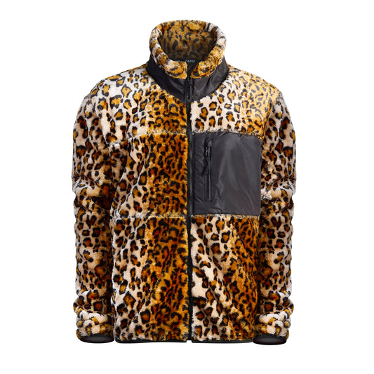 A leopard print sherpa fleece cycling commuter jacket with zipper pockets and contrasting orange zippers.