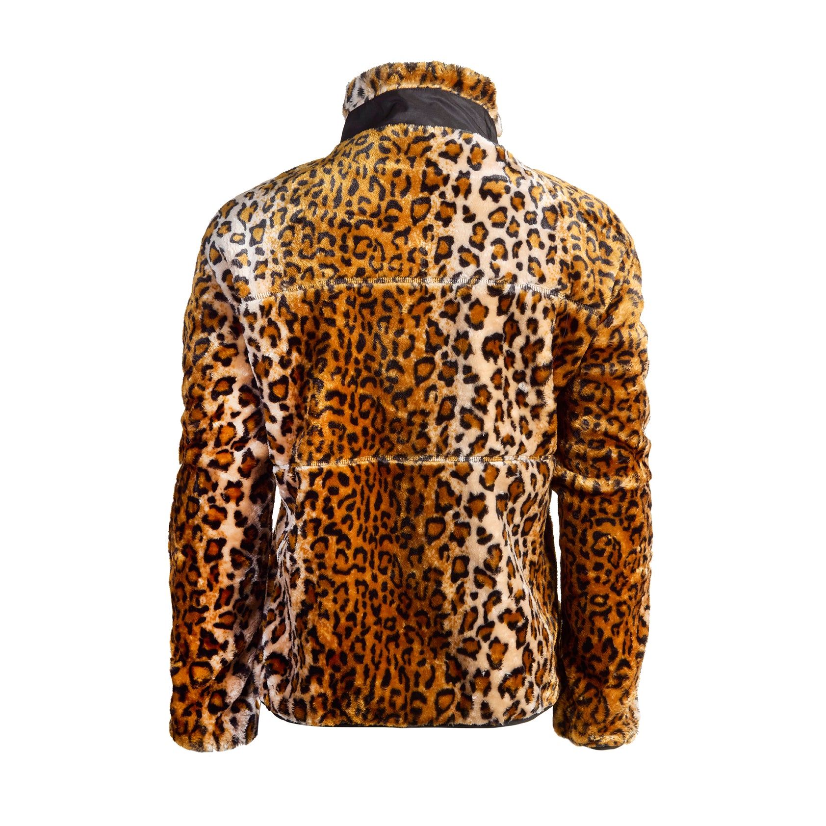 A leopard print sherpa fleece cycling commuter jacket with zipper pockets and contrasting zippers.