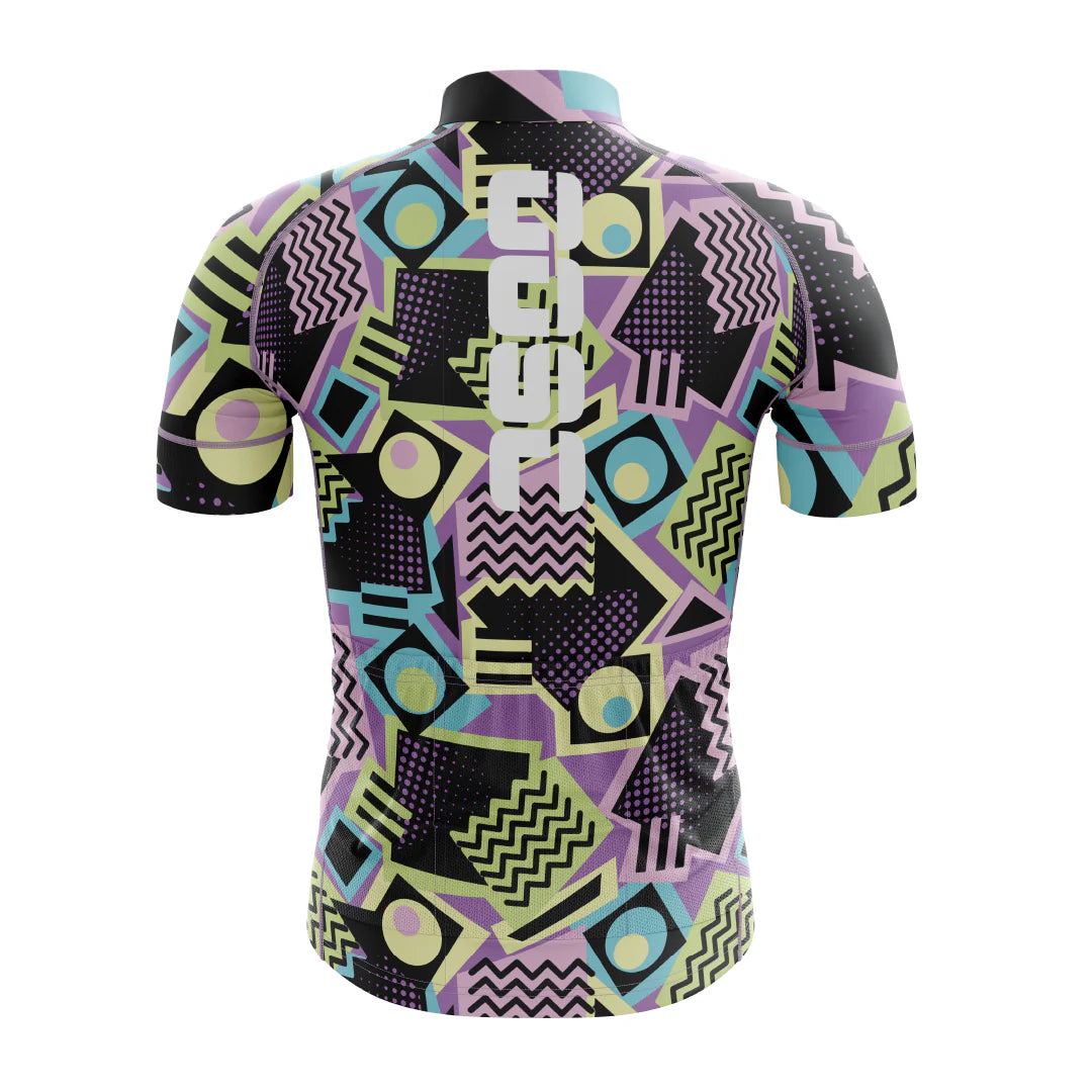 [design:Oosc x Paria] Back view. A short sleeve cycling jersey featuring a geometric pattern in purple and green colors.