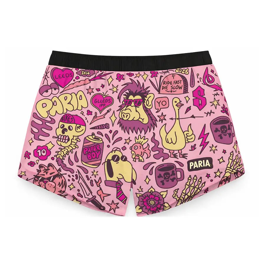 Pink shorts with colorful graphic design on a white background
